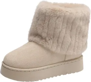 SIFINELAR Women's Furry Faux Fur Boots Fuzzy Mid Calf Snow Boots Round Toe Suede Warm Fur Lined Boots Platform Flat Comfortable Outdoor Winter Fashion Boots