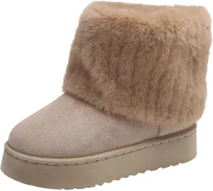 SIFINELAR Women's Furry Faux Fur Boots Fuzzy Mid Calf Snow Boots Round Toe Suede Warm Fur Lined Boots Platform Flat Comfortable Outdoor Winter Fashion Boots