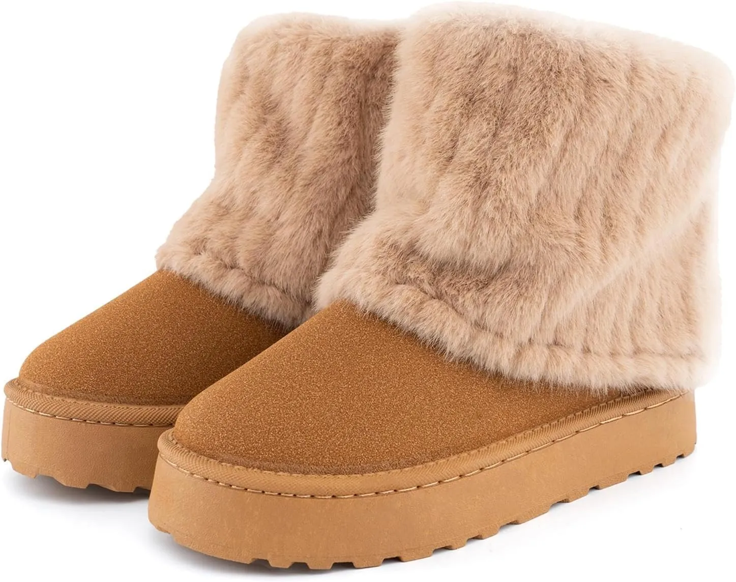SIFINELAR Women's Furry Faux Fur Boots Fuzzy Mid Calf Snow Boots Round Toe Suede Warm Fur Lined Boots Platform Flat Comfortable Outdoor Winter Fashion Boots