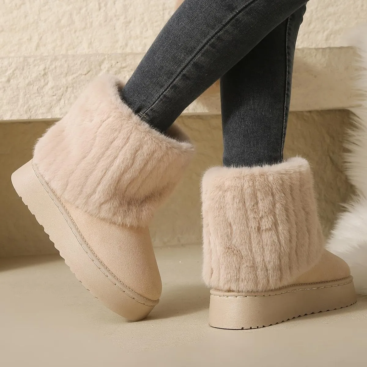SIFINELAR Women's Furry Faux Fur Boots Fuzzy Mid Calf Snow Boots Round Toe Suede Warm Fur Lined Boots Platform Flat Comfortable Outdoor Winter Fashion Boots