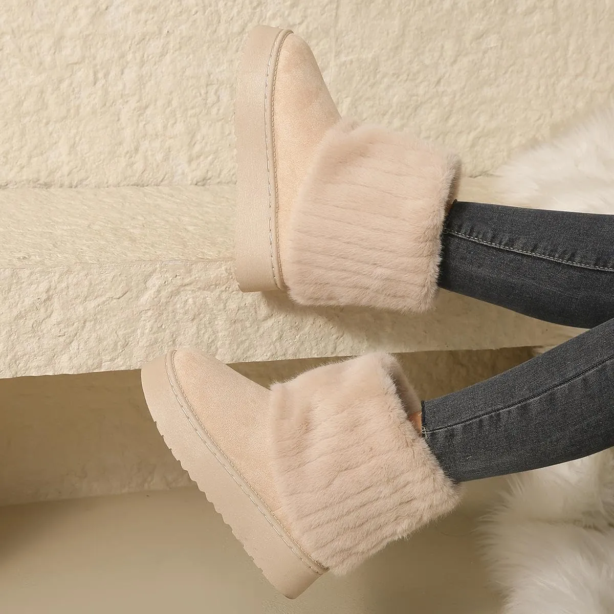 SIFINELAR Women's Furry Faux Fur Boots Fuzzy Mid Calf Snow Boots Round Toe Suede Warm Fur Lined Boots Platform Flat Comfortable Outdoor Winter Fashion Boots