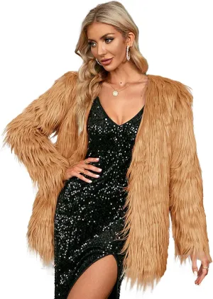 Simplee Apparel Women's Long Sleeve Fluffy Faux Fur Warm Coat