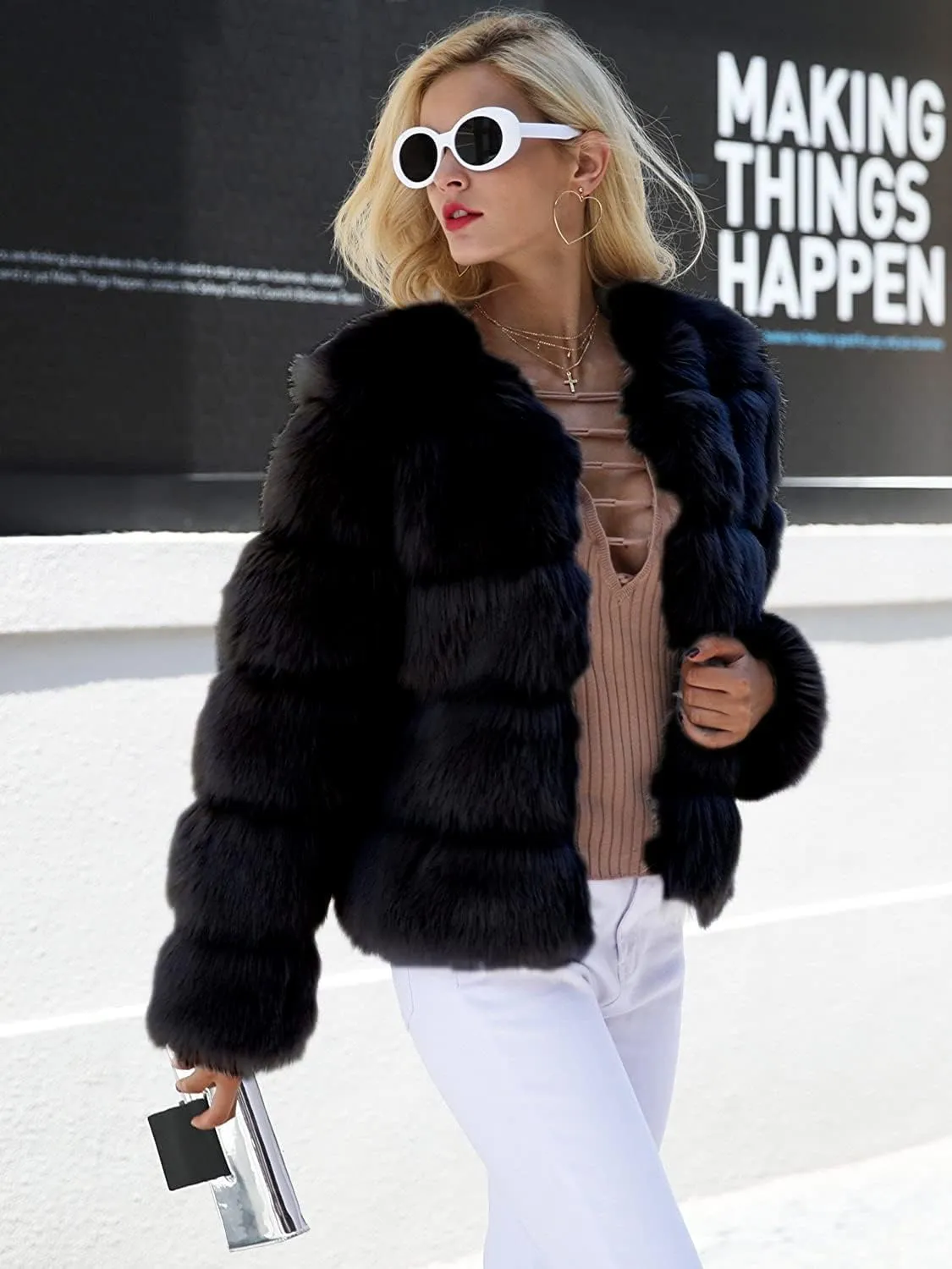 Simplee Women Luxury Winter Warm Fluffy Faux Fur Short Coat Jacket Parka Outwear