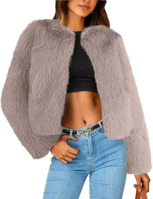 Simplee Women's Faux Fur Coat Furry Cropped Jacket Long Sleeve Warm Open Front Fur Jackets