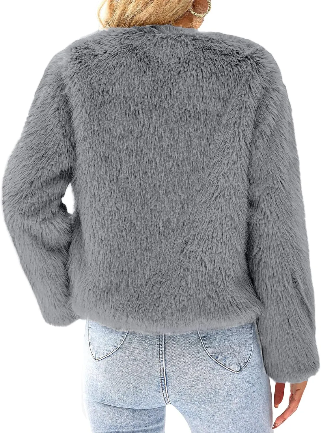 Simplee Women's Faux Fur Coat Furry Cropped Jacket Long Sleeve Warm Open Front Fur Jackets