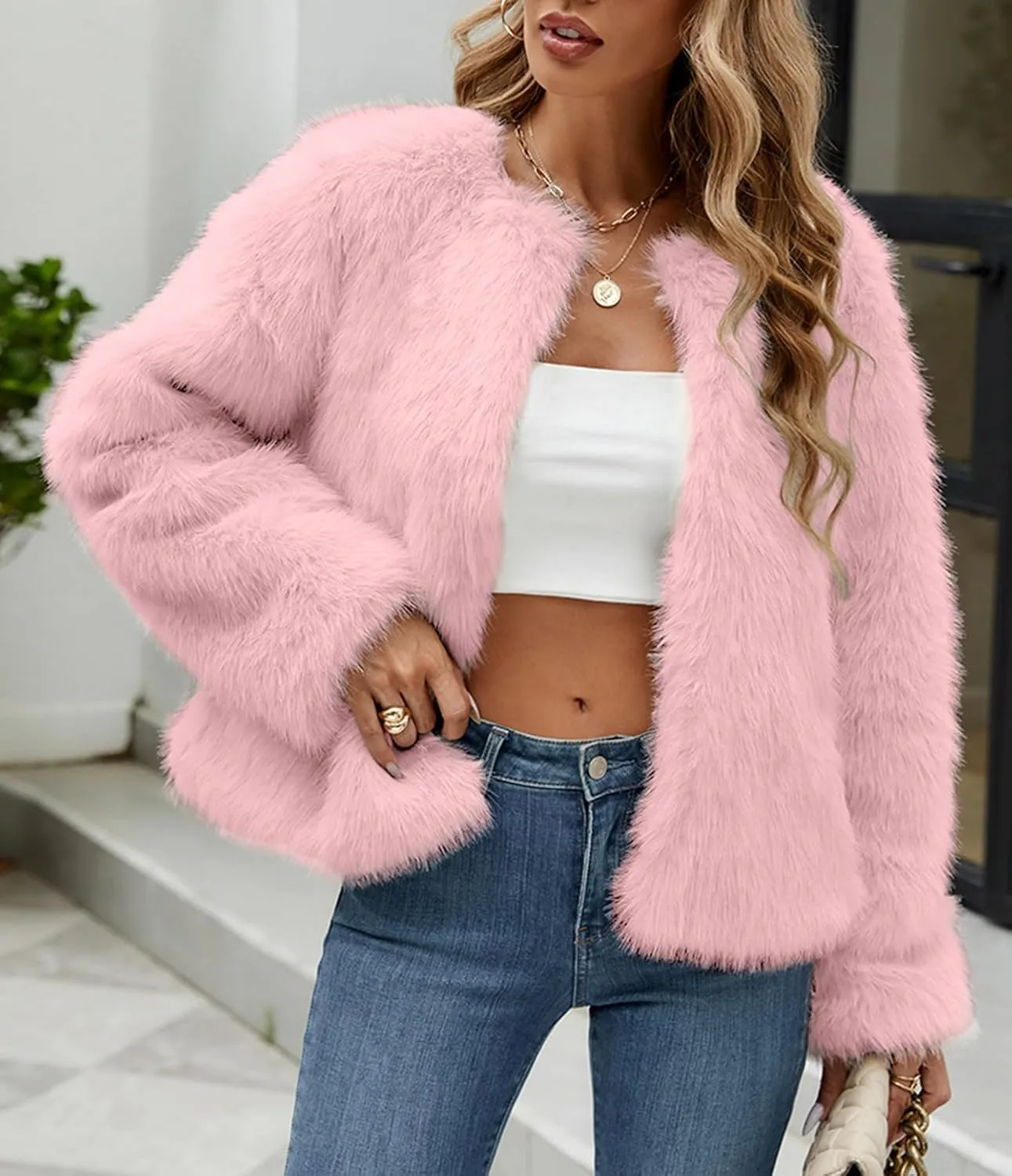 Simplee Women's Faux Fur Coat Furry Cropped Jacket Long Sleeve Warm Open Front Fur Jackets