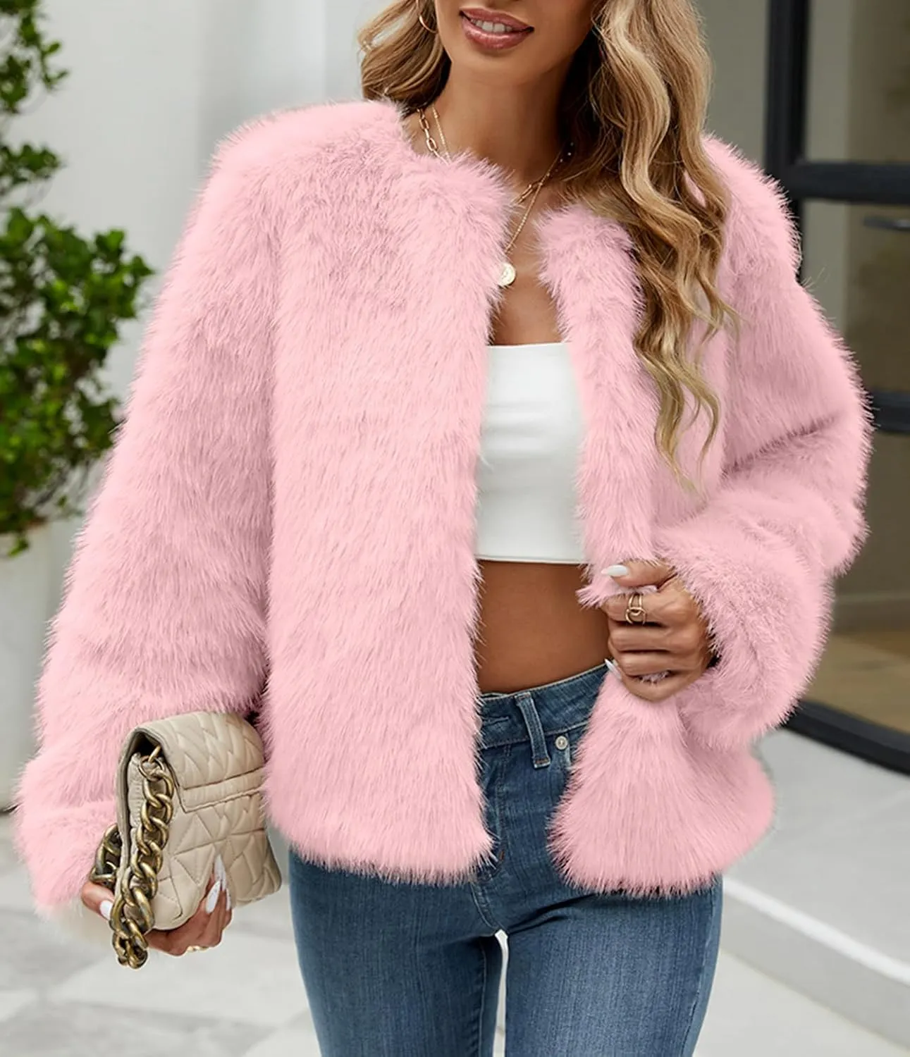 Simplee Women's Faux Fur Coat Furry Cropped Jacket Long Sleeve Warm Open Front Fur Jackets