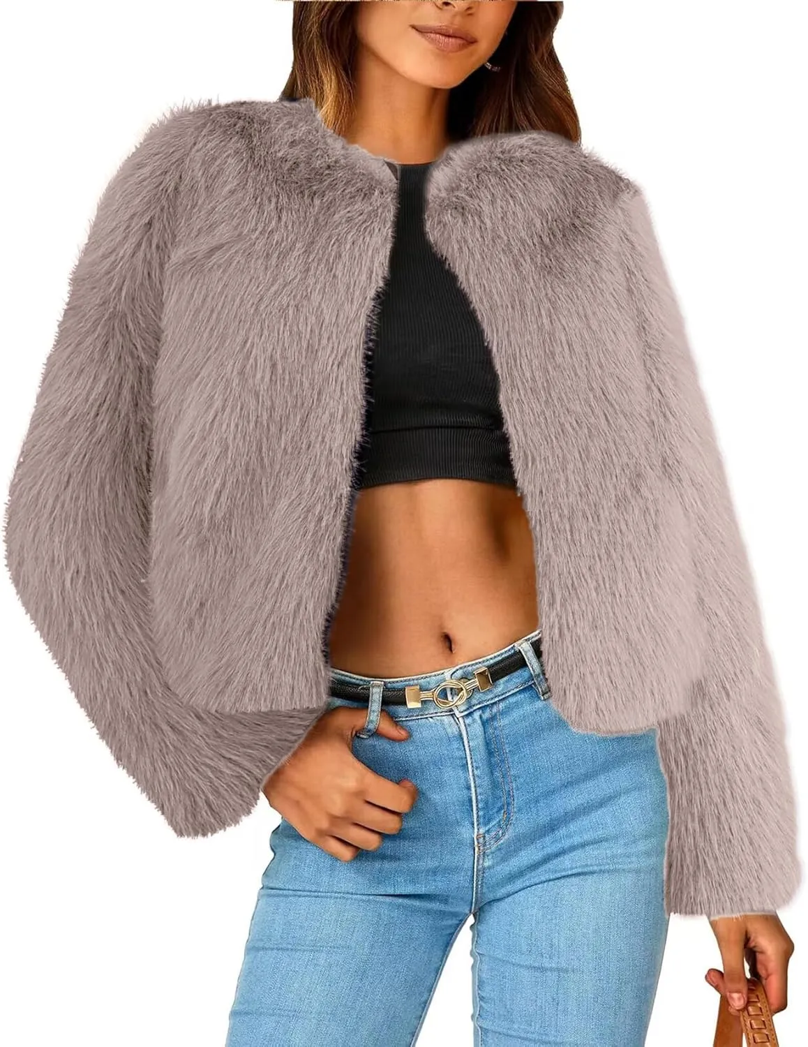 Simplee Women's Faux Fur Coat Furry Cropped Jacket Long Sleeve Warm Open Front Fur Jackets