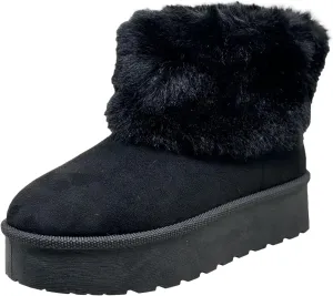 SOBEYO Women's Platform Booties Faux Suede Fur Lining Pull On Cuff Boots