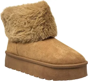 SOBEYO Women's Platform Booties Faux Suede Fur Lining Pull On Cuff Boots