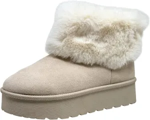 SOBEYO Women's Platform Booties Faux Suede Fur Lining Pull On Cuff Boots