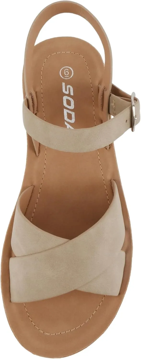 Soda CHESTER ~ Women Flat Sandals Flatform Ankle Buckle Criss Cross Band Straps Sandals Shoes