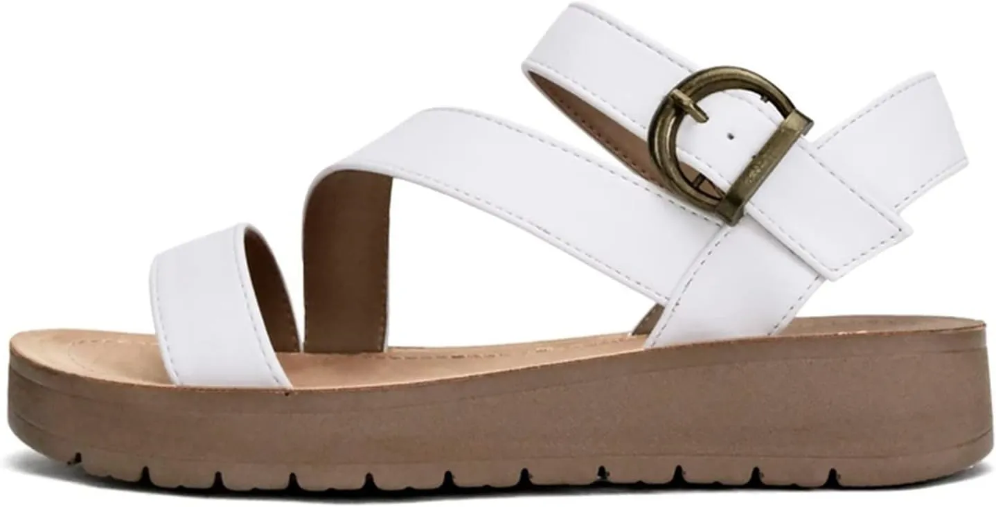 Soda Cute and trendy fashionable flat strap sandals with side buckle Summer Spring Beach Shoes for Women Hammer-S White Pu 9