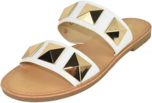 Soda Shoes Women's Sandals Double Strap Flip Flops Slides Large Gold Studded CETUS-S