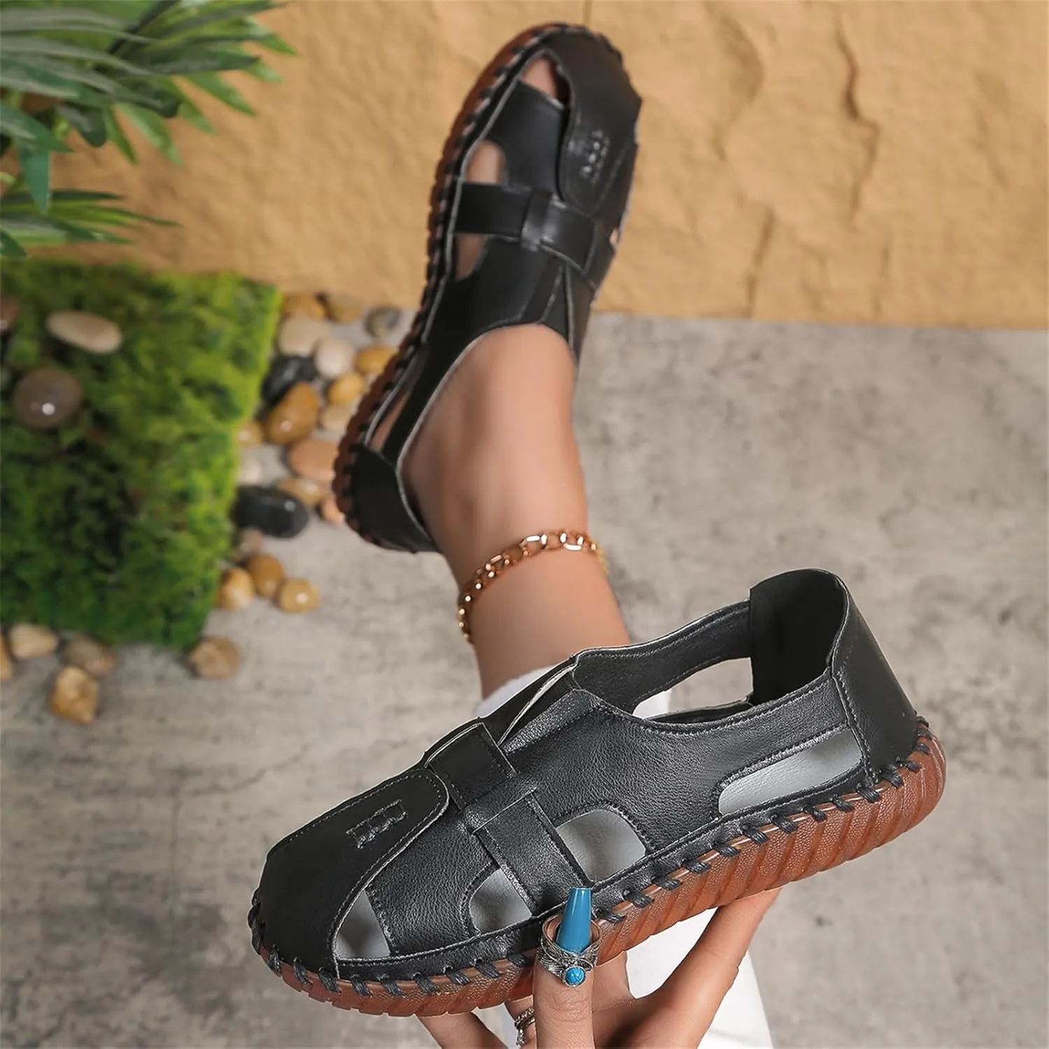 Soft Comfortable Sandals for Women Summer Casual Closed Toe Hollow Out Slip On Loafers Flat Fisherman Sandal Comfy Cute Breathable Walking Orthopedic Beach Shoes