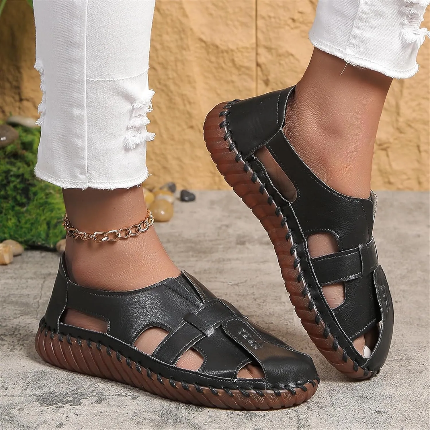 Soft Comfortable Sandals for Women Summer Casual Closed Toe Hollow Out Slip On Loafers Flat Fisherman Sandal Comfy Cute Breathable Walking Orthopedic Beach Shoes