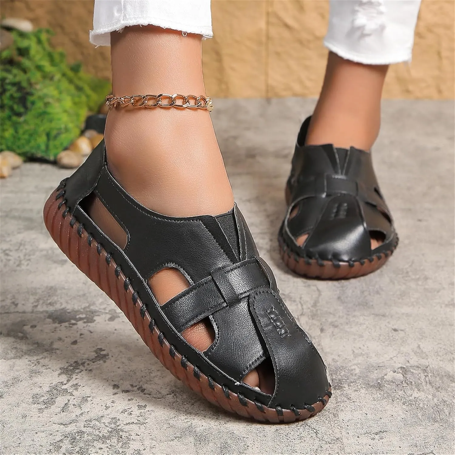 Soft Comfortable Sandals for Women Summer Casual Closed Toe Hollow Out Slip On Loafers Flat Fisherman Sandal Comfy Cute Breathable Walking Orthopedic Beach Shoes