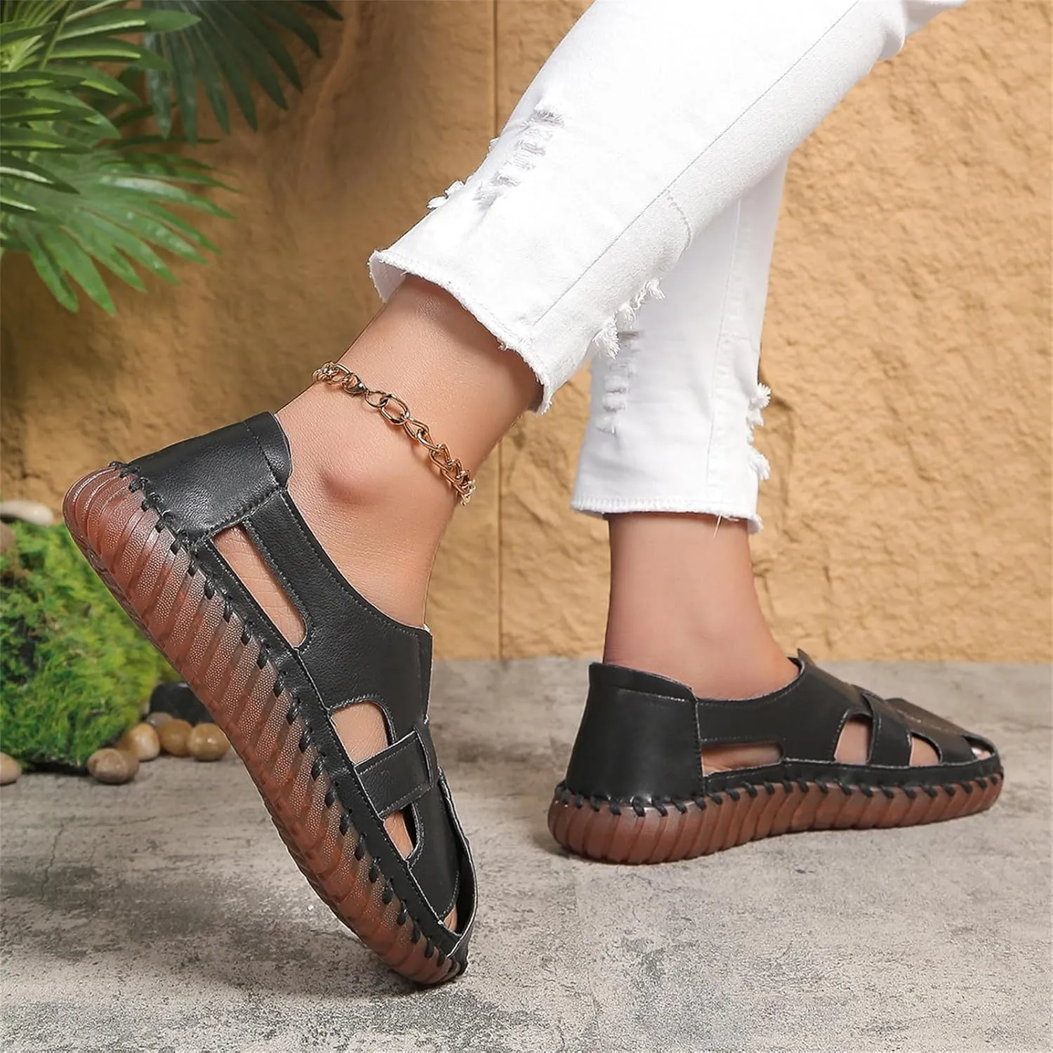 Soft Comfortable Sandals for Women Summer Casual Closed Toe Hollow Out Slip On Loafers Flat Fisherman Sandal Comfy Cute Breathable Walking Orthopedic Beach Shoes