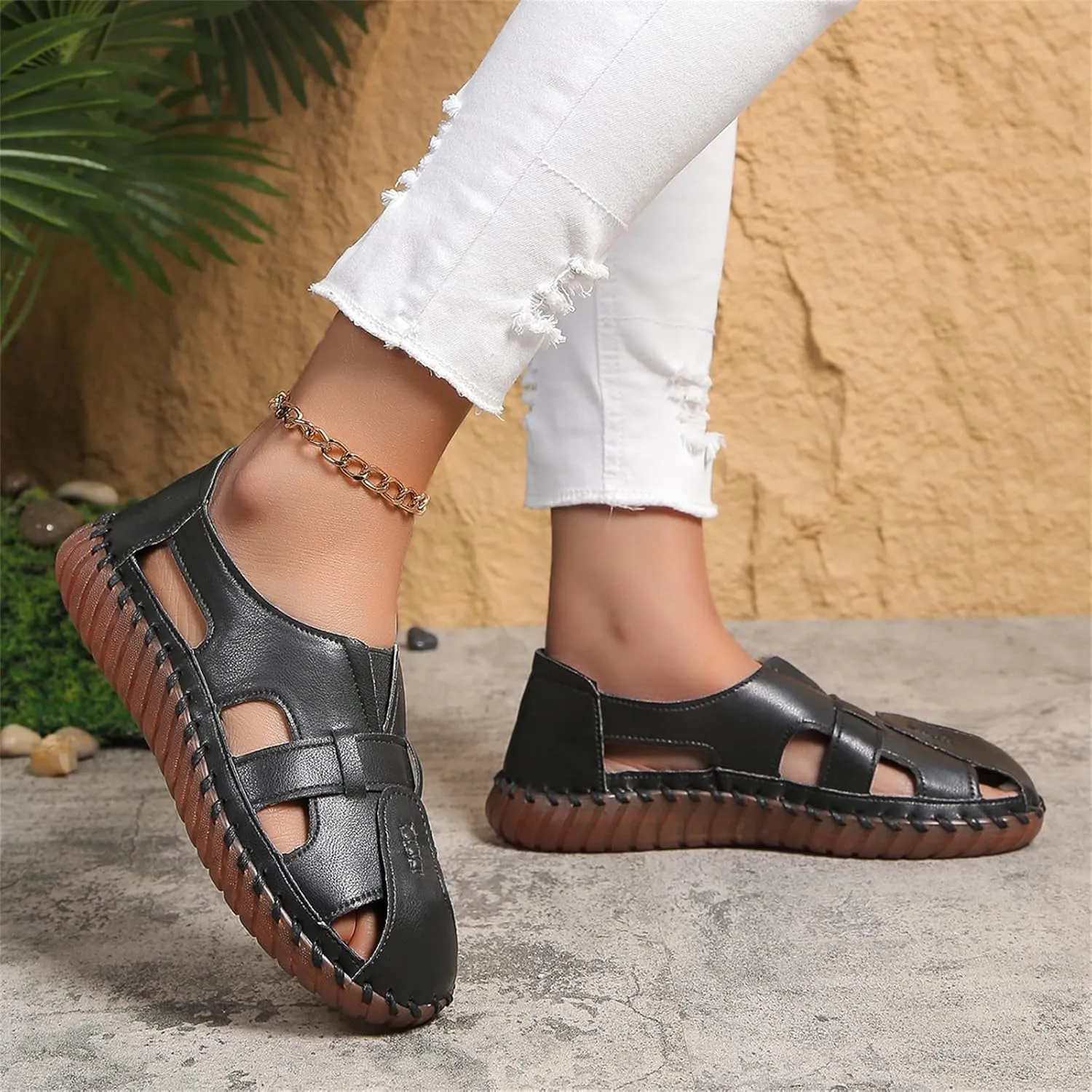 Soft Comfortable Sandals for Women Summer Casual Closed Toe Hollow Out Slip On Loafers Flat Fisherman Sandal Comfy Cute Breathable Walking Orthopedic Beach Shoes