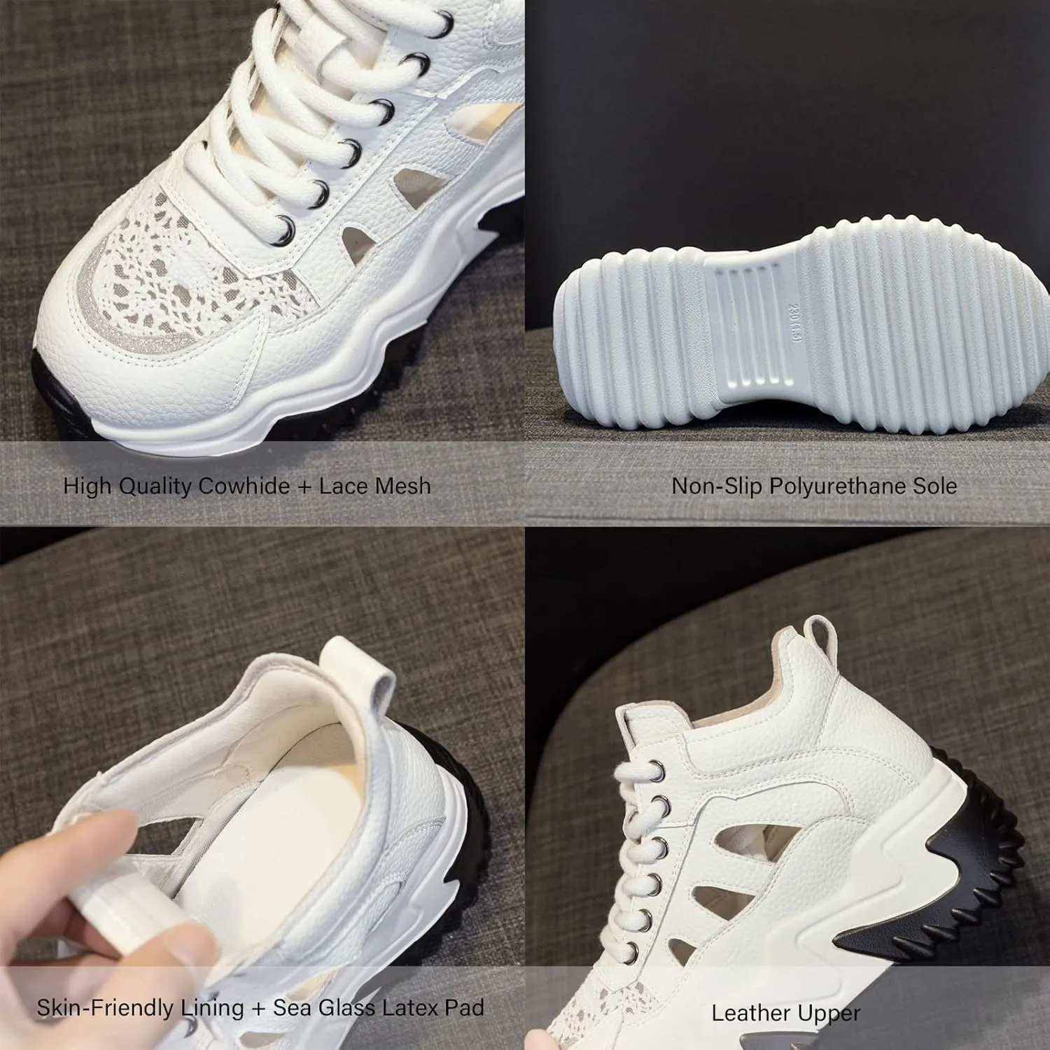 SOLPNOW Women's Leather Breathable Platform Sneakers,Summer Lace-Up Non-Slip Hollow Sandals,Outdoor Hiking Workout Driving Shoes