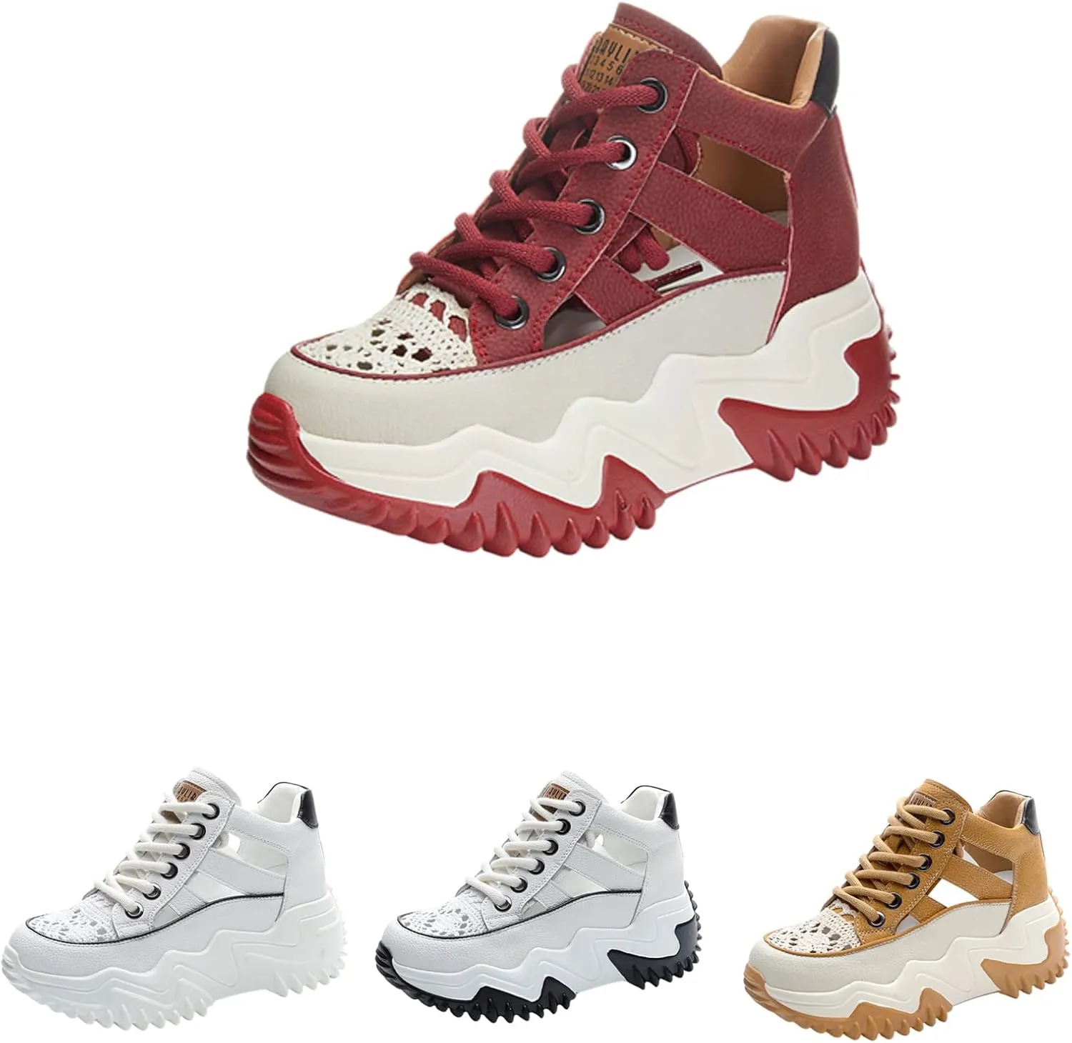 SOLPNOW Women's Leather Breathable Platform Sneakers,Summer Lace-Up Non-Slip Hollow Sandals,Outdoor Hiking Workout Driving Shoes