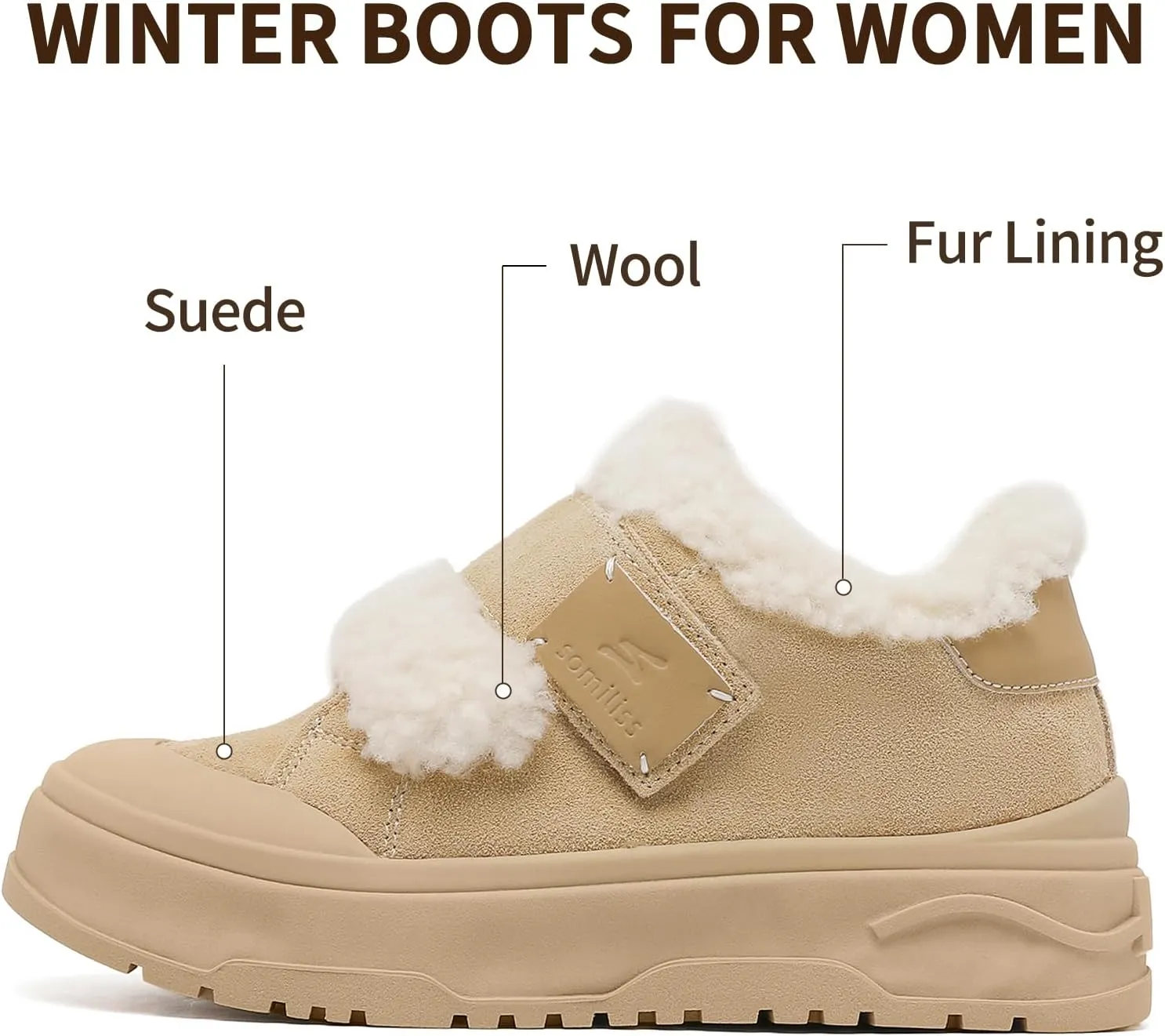 somiliss Sneaker for Women Winter Boots Suede Upper Non-Slip Rubber Outsole Fur Lined Ankle Boots Warm Snow Booties Fashion Sneakers