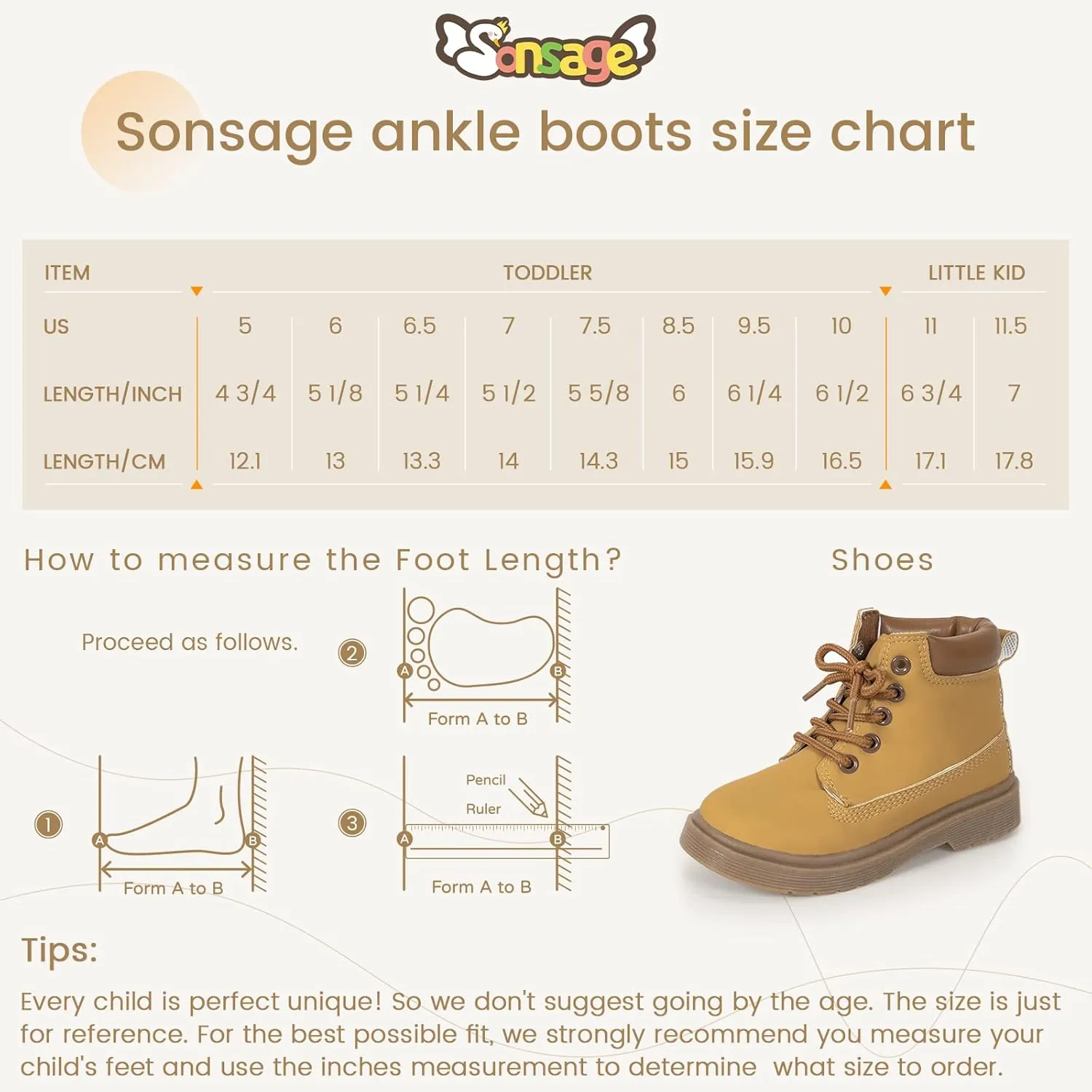 Sonsage Boy Girl Ankle Boots Waterproof Non-Slip Leather Chelsea Boots Little Kids Toddler Snow Winter Combat Ankle Work Booties Size US 5.5-9.5