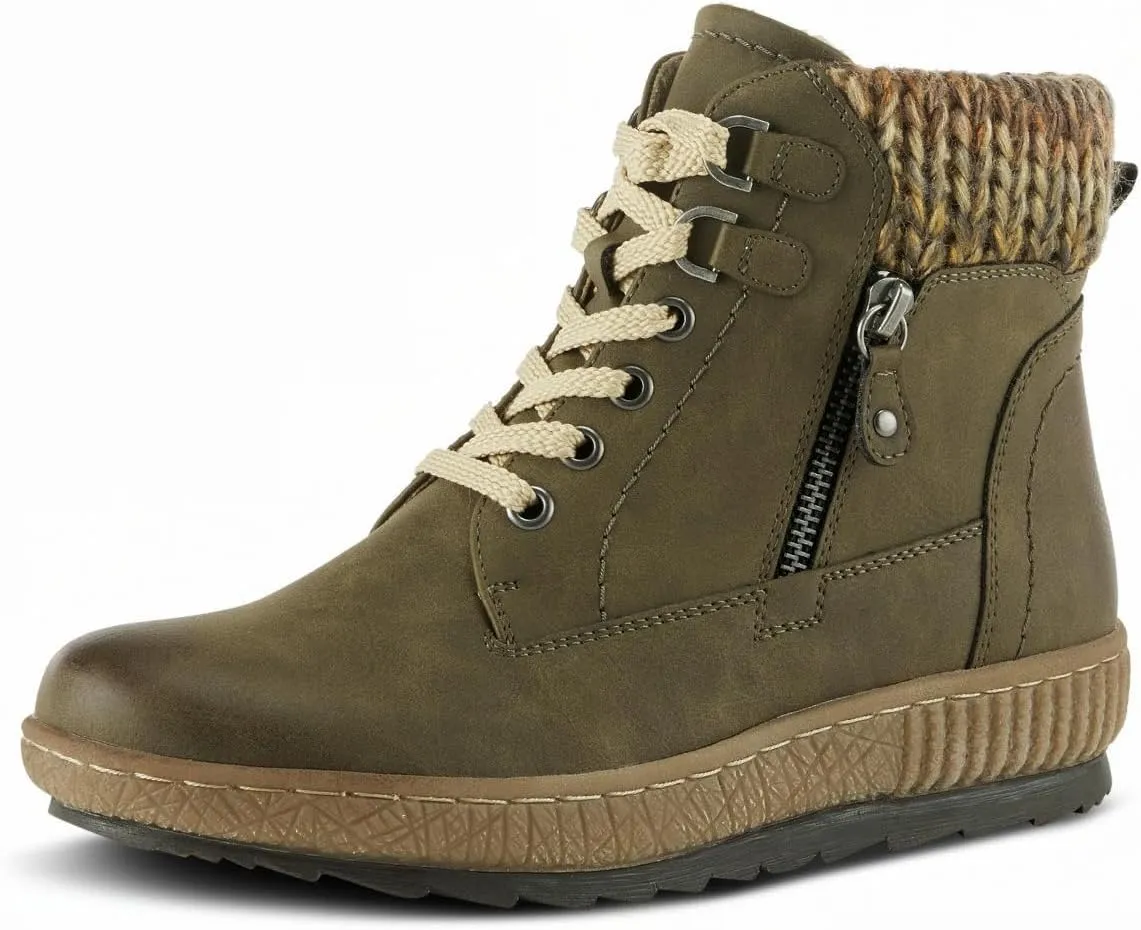 Spring Step Relife Karlene Waterproof Ankle Boots for Women | Shoes for Women with Sweater Top, Decorative Zipper and Cozy Sherpa Lining