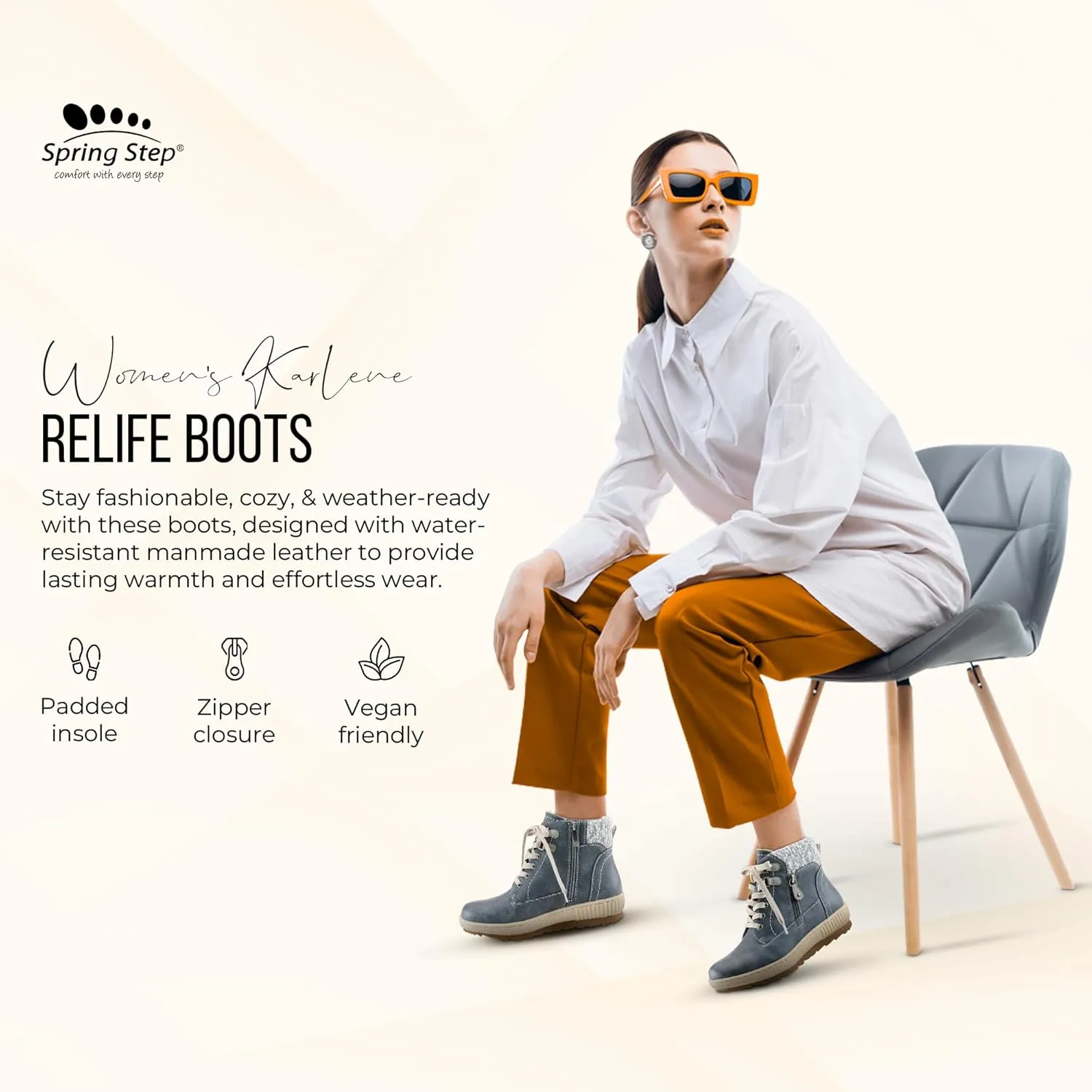 Spring Step Relife Karlene Waterproof Ankle Boots for Women | Shoes for Women with Sweater Top, Decorative Zipper and Cozy Sherpa Lining