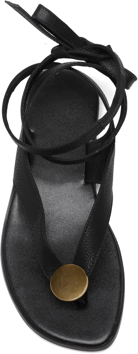 Strap Flip Flop Flat Sandals for Women with Metal Circular Ankle Strappy Ladies Fashion Cute Summer Thong Sandals Dressy.