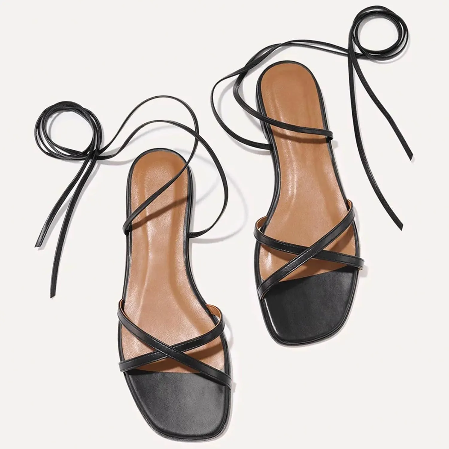 Strappy Flats Sandals for Women Leather Lace Up Flat Sandals Gladiator Square Toe Casual Beach Summer Shoes
