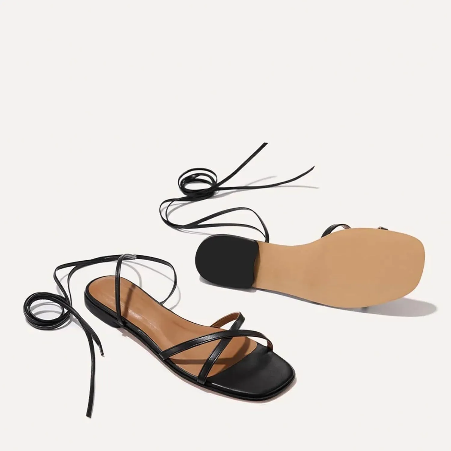 Strappy Flats Sandals for Women Leather Lace Up Flat Sandals Gladiator Square Toe Casual Beach Summer Shoes