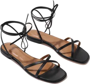 Strappy Flats Sandals for Women Leather Lace Up Flat Sandals Gladiator Square Toe Casual Beach Summer Shoes