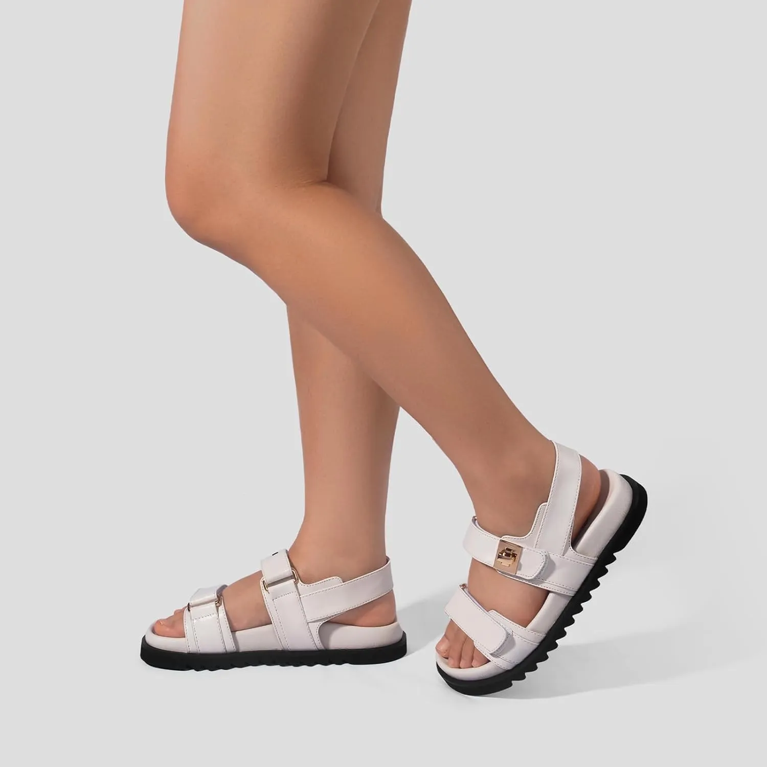 STUNAHOME Women's Flat Platform Sandals Adjustable Double Strap Slip on Leather Open Toe Footbed Sandals