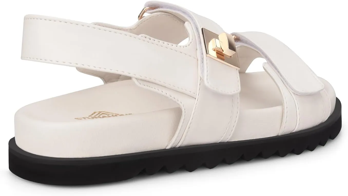 STUNAHOME Women's Flat Platform Sandals Adjustable Double Strap Slip on Leather Open Toe Footbed Sandals