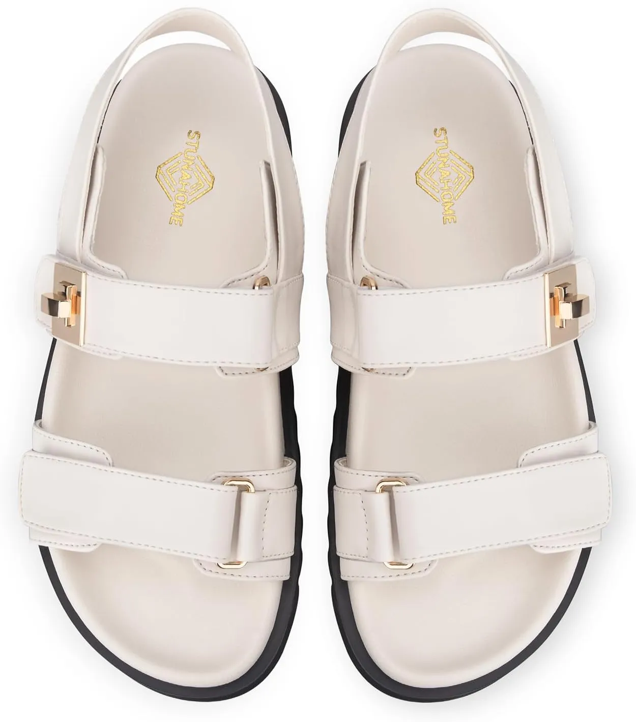 STUNAHOME Women's Flat Platform Sandals Adjustable Double Strap Slip on Leather Open Toe Footbed Sandals