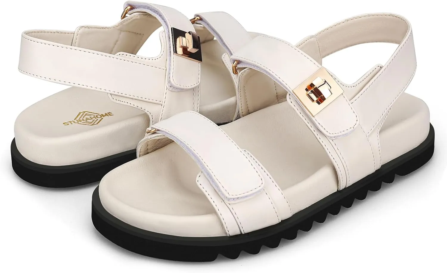 STUNAHOME Women's Flat Platform Sandals Adjustable Double Strap Slip on Leather Open Toe Footbed Sandals
