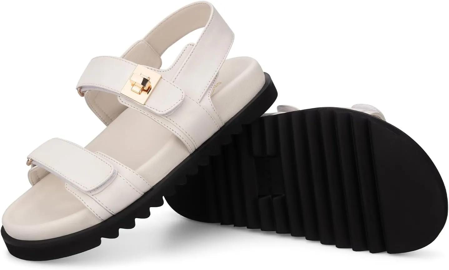 STUNAHOME Women's Flat Platform Sandals Adjustable Double Strap Slip on Leather Open Toe Footbed Sandals