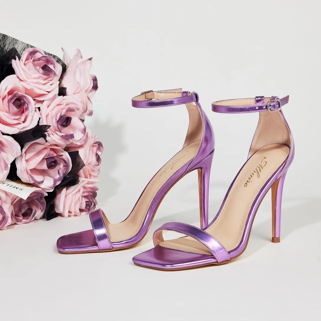 Stylish 4 IN Square Open Toe Ankle Strap Stiletto Heels for Women Plain Trendy Strappy Heeled Sandals