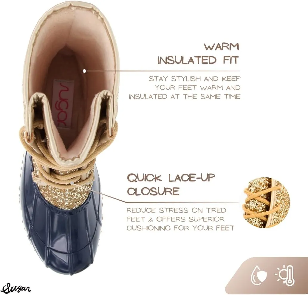 Sugar Women's Glitter Duck Boots | Stylish Lace-Up, Cozy Traction Sole | Perfect for Cold, Rainy, or Snowy Days | Trendy Booties - Skipper