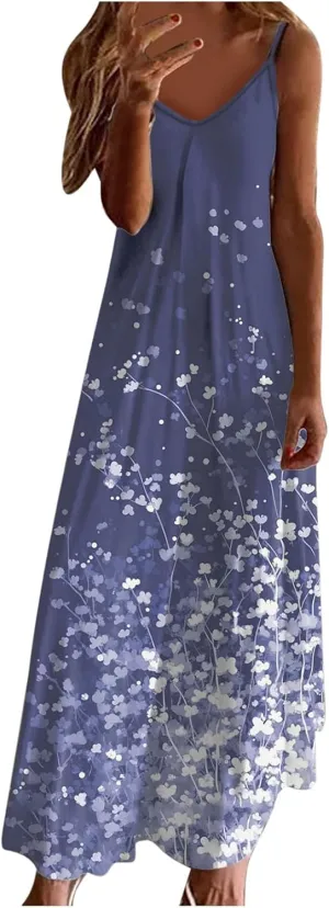 Summer Casual Dresses for Women Floral Vintage Summer Sleeveless Sundress Spaghetti Strap V-Neck Maxi Casual Dress