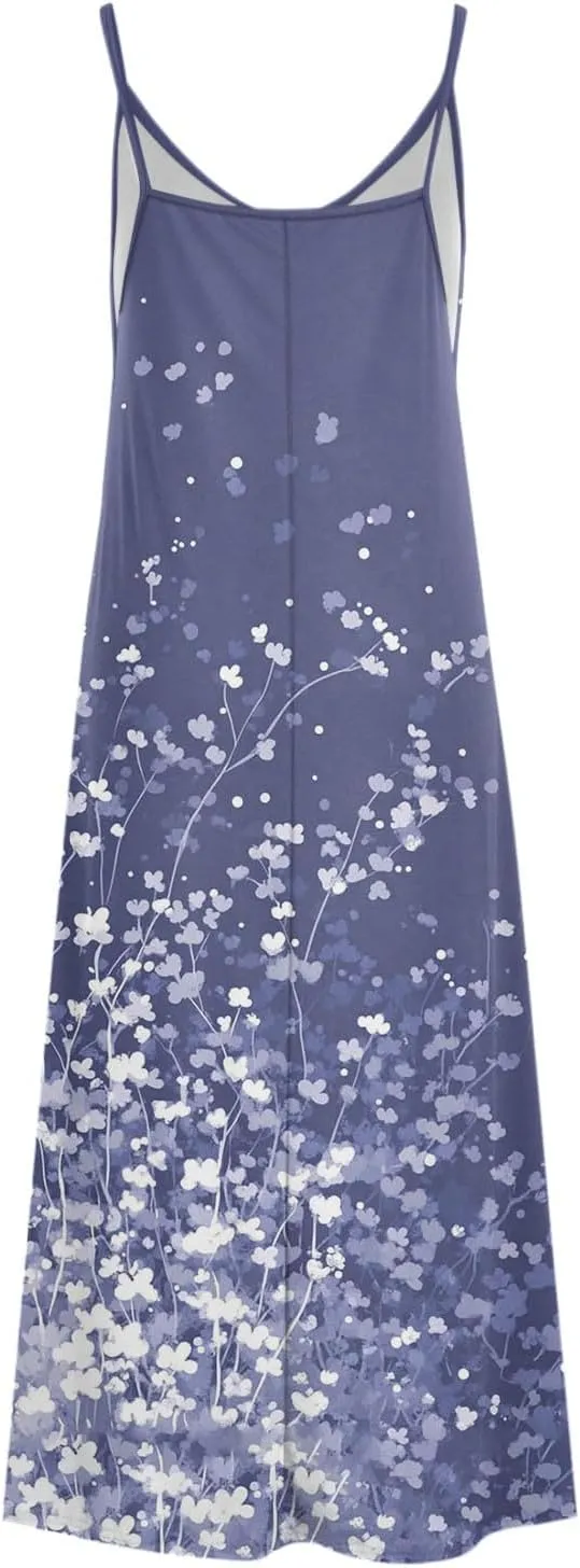 Summer Casual Dresses for Women Floral Vintage Summer Sleeveless Sundress Spaghetti Strap V-Neck Maxi Casual Dress