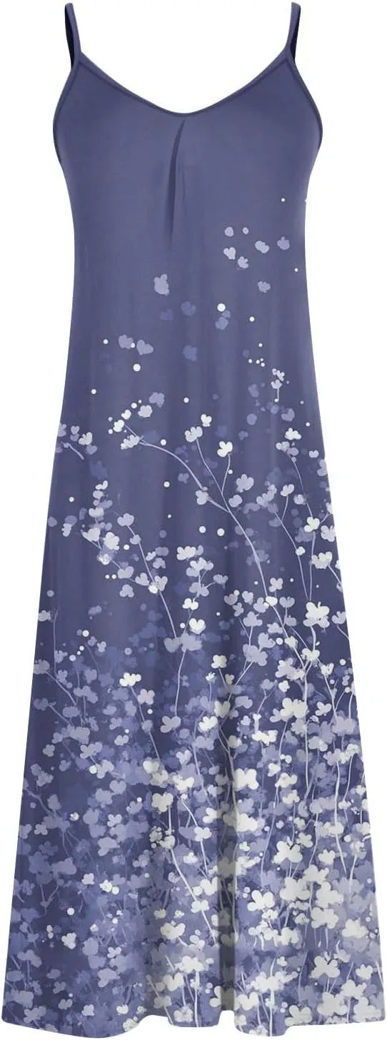 Summer Casual Dresses for Women Floral Vintage Summer Sleeveless Sundress Spaghetti Strap V-Neck Maxi Casual Dress
