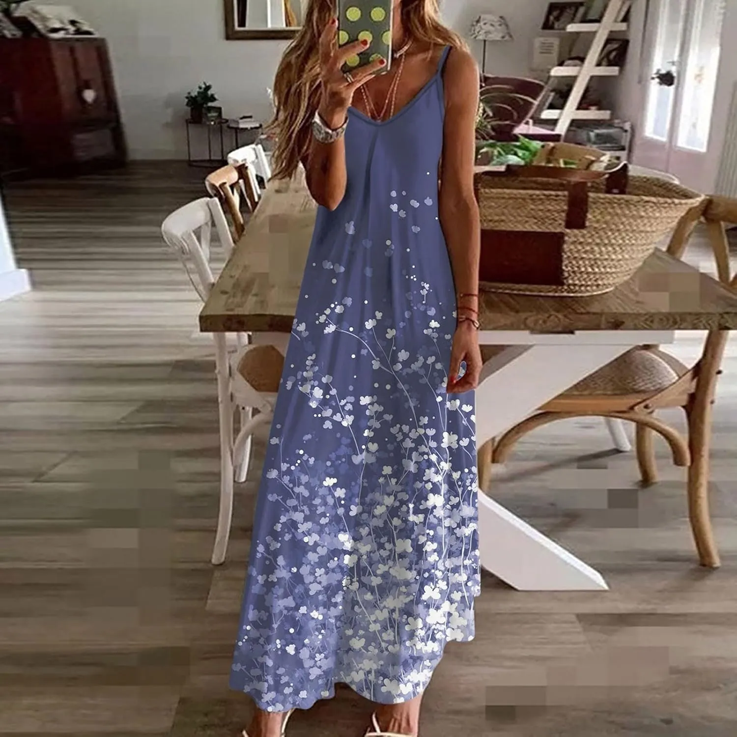 Summer Casual Dresses for Women Floral Vintage Summer Sleeveless Sundress Spaghetti Strap V-Neck Maxi Casual Dress