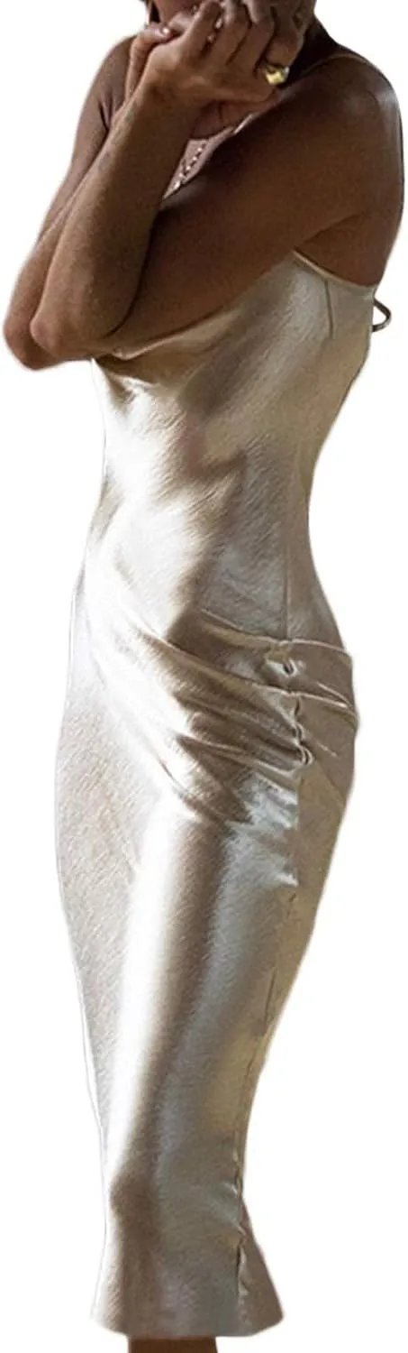 Summer Dresses for Women 2025 Elegent Plain Spaghetti Strap Sexy Cocktail Maxi Dress Sleeveless Satin Mermaid Sundress