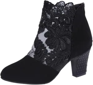 Summer Fashion Women Heeled Sandal Chunky Heel Retro Back Zipper Mesh Lace High Heel Sandals Closed Toe Breathable High Heel Boots