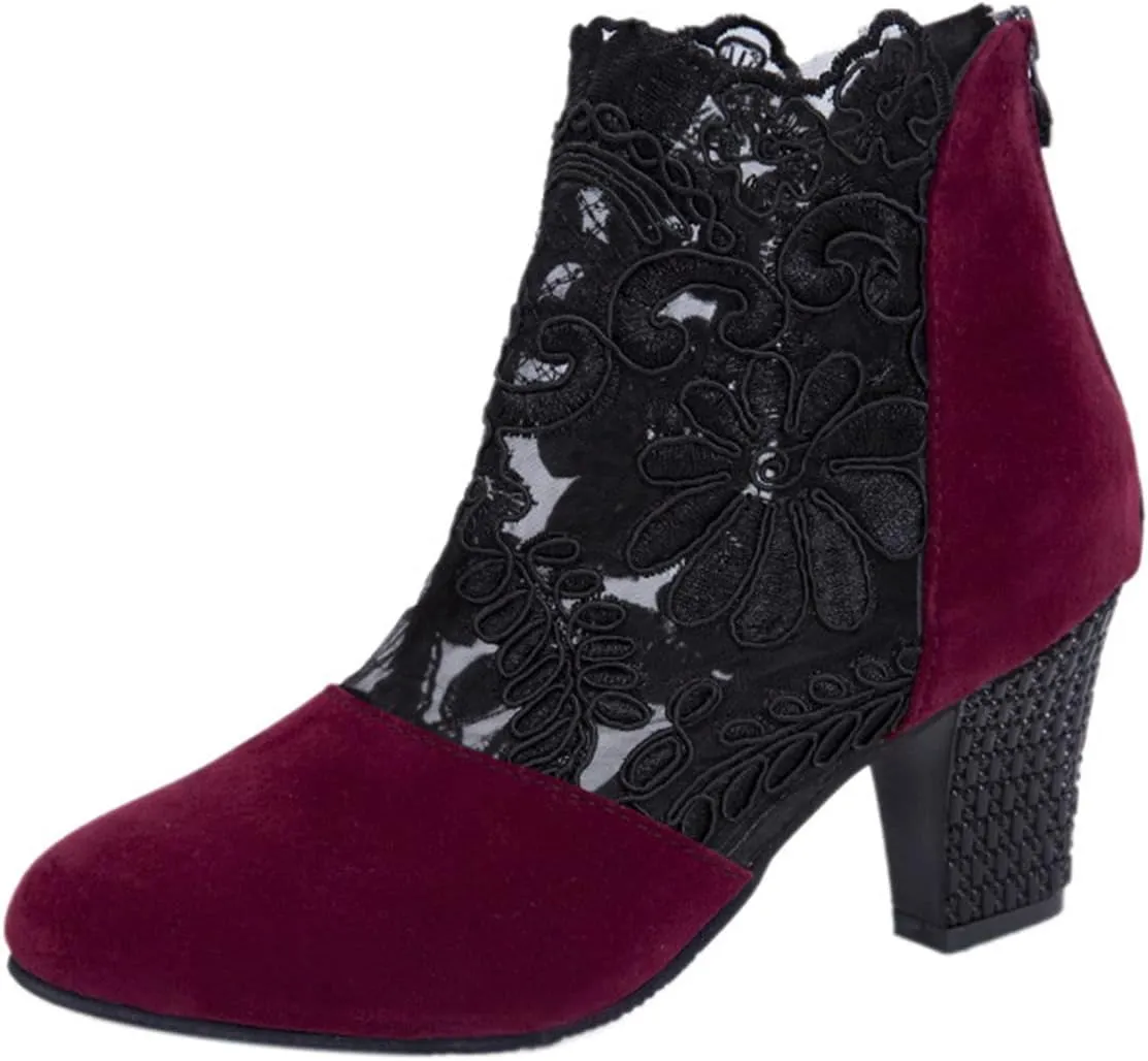 Summer Fashion Women Heeled Sandal Chunky Heel Retro Back Zipper Mesh Lace High Heel Sandals Closed Toe Breathable High Heel Boots