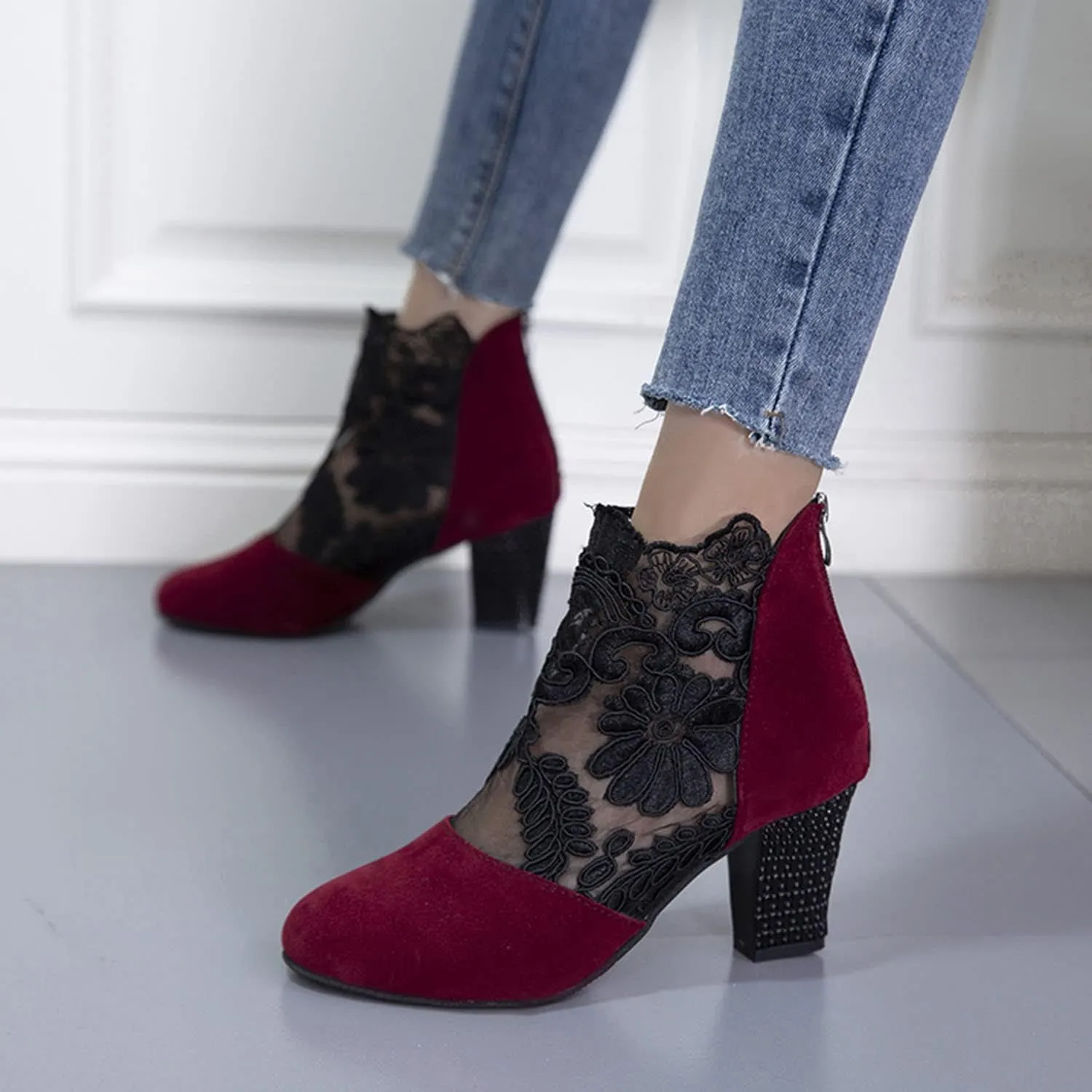 Summer Fashion Women Heeled Sandal Chunky Heel Retro Back Zipper Mesh Lace High Heel Sandals Closed Toe Breathable High Heel Boots