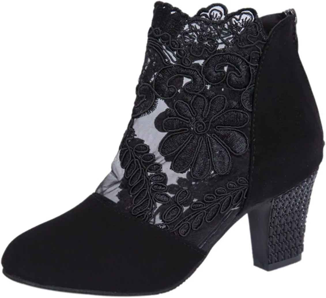 Summer Fashion Women Heeled Sandal Chunky Heel Retro Back Zipper Mesh Lace High Heel Sandals Closed Toe Breathable High Heel Boots
