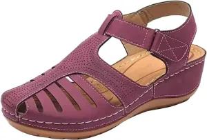 Summer Hollow Sandals for Women Wedge Heel Comfortable Casual Closed Toe Hook-and-Loop Sandals Vintage Lightweight Outdoor Anti-Slip Soft Sole Shoes